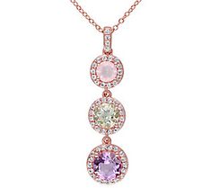 Dramatize your outfit with this multigemstone pendant that features a stunning combination of Rose de France, amethyst, and rose quartz with white topaz accents. Elegant Pink Multi-stone Necklace, Pink Gemstones In Fine Jewelry Style, Elegant Pink Gemstones With Accents, Fine Jewelry Pink Multi-stone Necklace, Pink Gemstone Accents Round Necklace, Amethyst And Rose Quartz, Quartz Pendant Necklace, 3 Stone Rings, Pearl Set