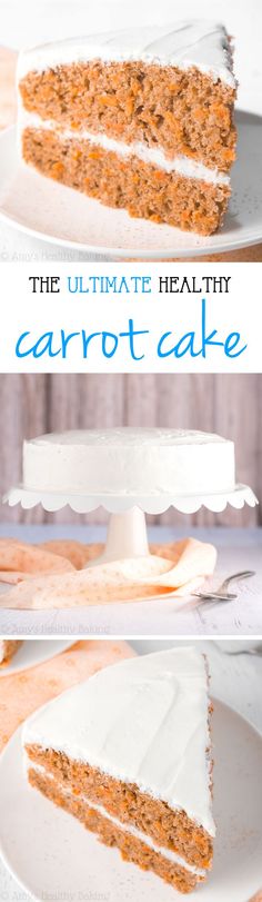 the ultimate healthy carrot cake with cream cheese frosting on top is cut in half and ready to be eaten