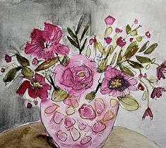 a painting of flowers in a pink vase