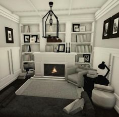 a living room filled with furniture and a fire place in the middle of bookshelves