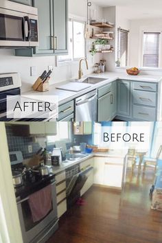 before and after photos of a kitchen remodel with blue cabinets, stainless steel appliances and wood flooring