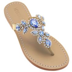 split ﻿100% Leather Sole Lined with Suede For Added Comfort Embellished with Czech Crystals & Rhinestone Chain ½ Inch Heel Made in Bali, Shipped From Los Angeles Mystique Sandals, Embellished Flats, Crystal Sandals, Rhinestone Flats, Jeweled Sandals, Bridal Sandals, Wedding Flats, Light Sapphire, Rhinestone Chain