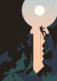 a man climbing up the side of a mountain with a moon in the sky above