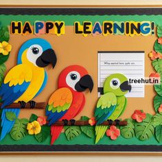 a bulletin board with three parrots and the words happy learning written in large letters