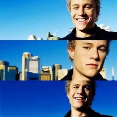 three different shots of a man smiling in front of a cityscape