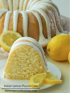 lemon bundt cake with white icing and sliced lemons next to the bundt cake