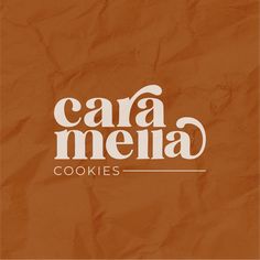 the logo for caramelia cookies is shown in white on an orange crumpled paper background