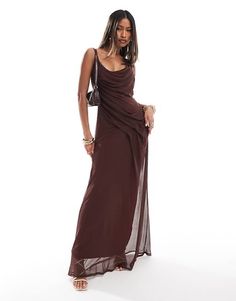 ASOS DESIGN mesh seam detail strappy cami maxi dress in brown with contrast lining | ASOS Brown Midi Dress Wedding Guest, Brown A Line Dress, Chocolate Formal Dress, Long Winter Formal Dresses, Pregnant Formal Dress, Moroccan Dress Modern, Brown Bridesmaids, Winter Wedding Dress Guest, Long Brown Dress