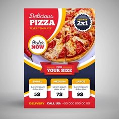 a pizza flyer is shown in red, yellow and blue