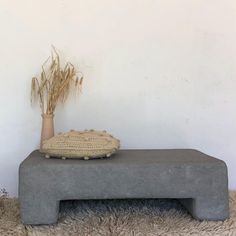 a concrete bench sitting on top of a shaggy rug next to a vase with dry grass