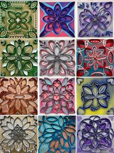 many different types of paper flowers in various colors and sizes, all with intricate designs on them