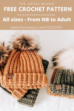 two knitted hats with pom poms on top and text overlay that says free crochet pattern all sizes from nb to adult