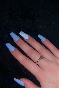 Easy Simple Acrylic Nails, Solid Nails With Design, Paper Airplane Nails, Yang Yang Nails, Yin And Yang Nail Designs, Medium Acrylic Nails Blue, Blue Ying Yang Nails, Boy Mom Nails