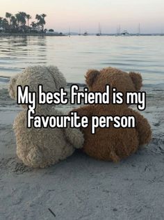 two teddy bears sitting next to each other on the beach with text saying, my best friend is my favorite person