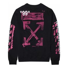 a black sweatshirt with pink graffiti on the sleeves and cuffs, which reads 991