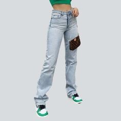 Prepare to make a statement this summer with our 90s-inspired light blue Women's Straight Jeans from the 2023 Spring-Summer Collection! With its high-waist. zipper and button closure. unprocessed hem. and effortless vintage charm. you'll be sure to turn heads wherever you go.Distinctive Features: 90s Style: Embrace the nostalgia of the 20th-century with this timeless vintage look. Light Wash: Look your best and beat the heat with the light wash of this stylish jean. Straight Fit: Enjoy the sleek Light Blue Denim Flare Jeans For Summer, Light Blue Wide Leg Jeans For Summer, Trendy Light Blue Flare Denim Jeans, Trendy Light Blue Flare Jeans For Summer, Trendy Light Blue Denim Flare Jeans, Trendy Blue Straight Pants, Trendy Non-stretch Straight Bottoms, Summer Denim Blue Flare Jeans With Five Pockets, Trendy Light Wash Pants