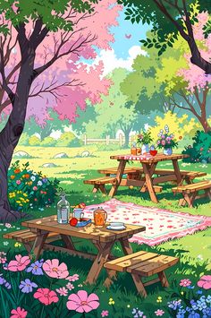 picnic tables in the middle of a field with flowers and trees around them, painted by hand