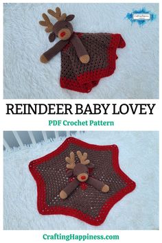 two crocheted baby blankets with reindeers on them, one in red and the other in brown