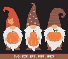 three gnomes with pumpkins on their heads are standing in front of a black background