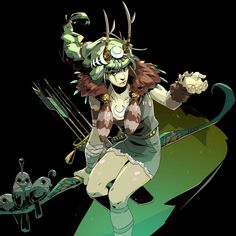 an anime character with horns and arrows in her hands