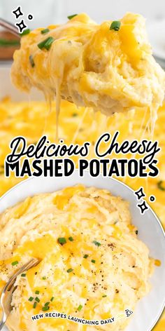 the cover of delicious cheesy mashed potatoes is being lifted by a spoon