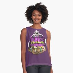 a woman wearing a purple tank top with the words raise them up on it's chest