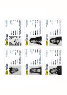 four tickets with pictures of the same person on them, all in black and white