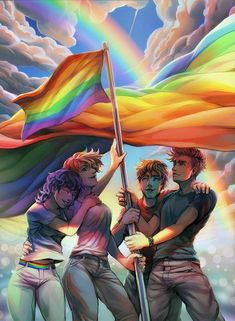 three people holding a rainbow flag in front of a cloudy sky with the words, by dane