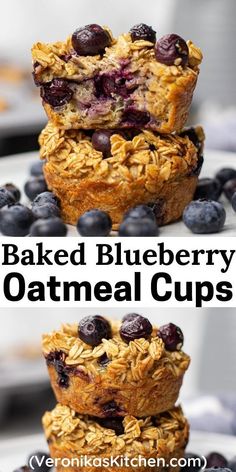 baked blueberry oatmeal cups stacked on top of each other