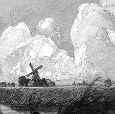 an old drawing of a windmill in the middle of a field with clouds behind it