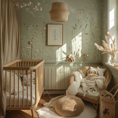 a baby's room is decorated in neutral colors