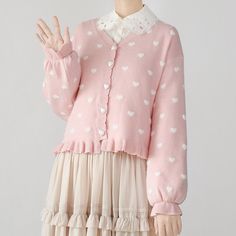 Coquette Dollette Aesthetic, Pastel Knits, Pastel Heart, Cardigan Y2k, Thick Cardigan, Heart Cardigan, Knitted Heart, Cardigan Sweater Coat, Babydoll Style