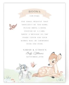 a baby shower book with a deer and rabbit on it's back, surrounded by other animals