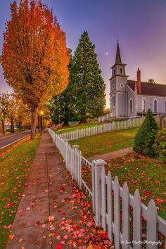 a white picket fence sitting next to a lush green field covered in fall colored leaves