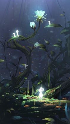 an animated scene with plants and animals in the dark water, surrounded by algaes