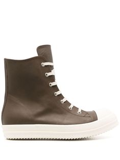 bean green calf leather round toe rubber toecap side metal eyelet detailing ankle-length branded leather insole flat rubber sole silver-tone hardware side zip fastening front lace-up fastening interchangeable laces This piece comes complete with a protective dust bag. Rick Owens Big Laces, High Rick Owens Shoes, Rick Owens High Top Sneakers, Rick Owens Footwear, Rick Owens Geobasket, Avant Garde Aesthetic, Rick Owens Men, Tom Dixon, Brown Sneakers