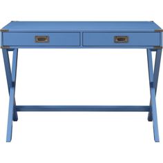 a blue desk with two drawers on top and one drawer at the bottom, against a white background