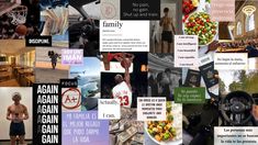 a collage of photos with words and pictures on them that include people, food, and other things