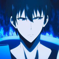 an anime character with black hair and blue eyes