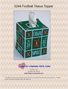 a green tissue box with christmas decorations on it and the words football tissue topper