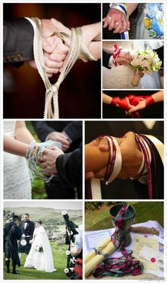 many different pictures of people holding hands and wearing bracelets on their wedding day, including the bride and groom