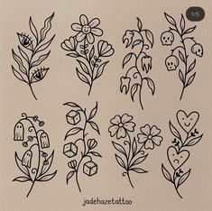 various flowers and hearts drawn in black ink on a piece of paper with the words jadenheatattoo