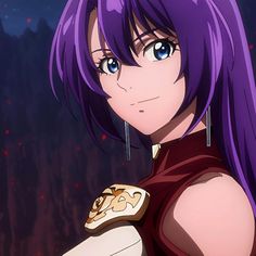 an anime character with purple hair and blue eyes, holding a knife in her hand