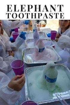 several people in white lab coats are making toothpaste with plastic cups and spoons