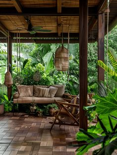 Porch Tile Ideas: Natural-toned, Wooden Tiles Blend Beautifully with Lush Greenery Porch Tile Ideas, Popular Flooring, Wood Like Tile, Dark Doors, Outdoor Extension, Traditional Porch, Wooden Tiles, Porch Tile, Wooden Columns