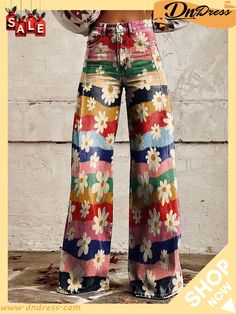 Women's Vintage Flower Daisy Print Casual Wide Leg Pants Marlene Hose, Womens Denim Dress, Casual Wide Leg Pants, Floral Retro, Pantalon Large, Daily Dress, Bell Bottom, Floral Vintage, Women Pants Casual