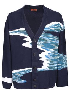 Composition: 100% Wool | Missoni Men's V-neck Long Sleeved Knitted Cardigan in Greeb/White/Blue Spaced | FW23/24 Long Sleeve Knitted Cardigan, Blue Space, Knitted Cardigan, Missoni, White Blue, Hand Knitting, V Neck, Wool, Long Sleeve