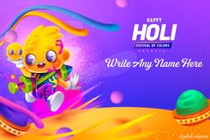 a cartoon character is flying through the air with an inscription that reads happy holi