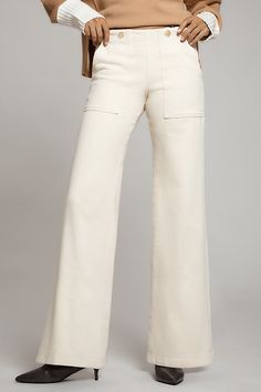 Equal parts clean and casual, the Kit delights with a pocketless design, a roomy wide leg, and a cinch detail for that just-so fit. | The Kit High-Rise Wide-Leg Utility Trouser Jeans by Pilcro in White, Women's, Size: 30, Cotton/Elastane at Anthropologie Chic Full Length Bottoms With Patch Pockets, Chic High Rise Bottoms With Patch Pockets, Chic Workwear Flare Jeans With Pockets, Chic High Rise Pants With Welt Pockets, Chic High-rise Pants With Welt Pockets, Chic Straight Jeans With Patch Pockets, Chic Jeans With Patch Pockets, Brown Jeans, The Kit