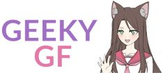 a girl with long brown hair and green eyes is standing in front of a sign that says geeky gf